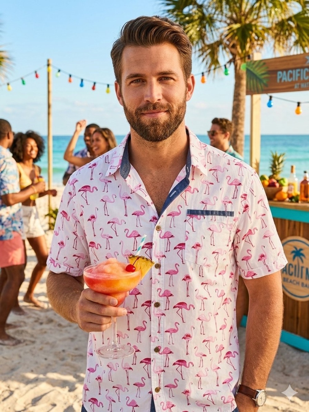 Flamingo Print 100% Cotton Button-Down Short Sleeve Shirt (L)